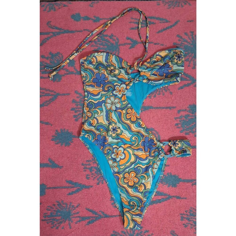 La hearts womens small one piece swimsuit handkerchief print papaya blue